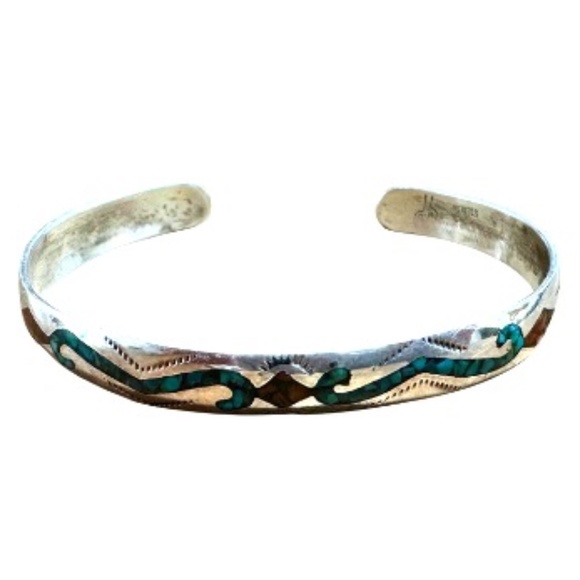 Vintage Navajo Sterling Silver Turquoise Inlay Cuff Bracelet Signed JH - Picture 1 of 7